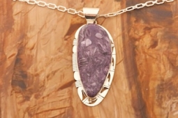 3 1/8" long Genuine Charoite Sterling Silver Native American Pendant